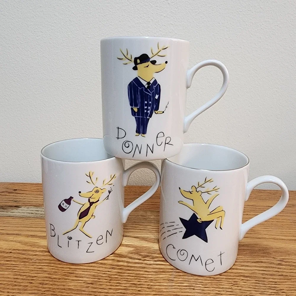 Pottery Barn Reindeer Coffee Tea Mugs Set Of 3 Donner, Comet and Blitzen